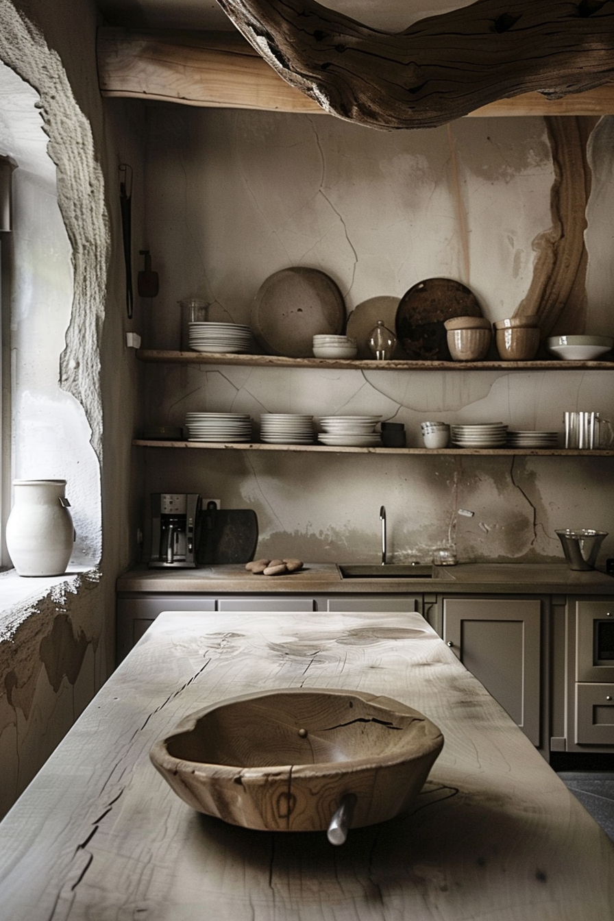 The image shows a rustic kitchen interior with a wooden aesthetic. A sturdy, unpolished wooden table dominates the foreground, with a large, shallow wooden bowl resting on top. Behind the table, the kitchen counter is lined with a variety of earthenware and ceramic dishes, plates, and bowls arranged on open shelves. The color palette suggests an earthy and natural feel, with hues of brown, beige, and gray. The walls and shelves bear a rough texture, further emphasizing the rustic charm of the setting. A hint of modernity is present with a stainless steel sink and a coffee machine, subtly blending the old with the new. Rustic kitchen with wooden table and shelves filled with earthenware.