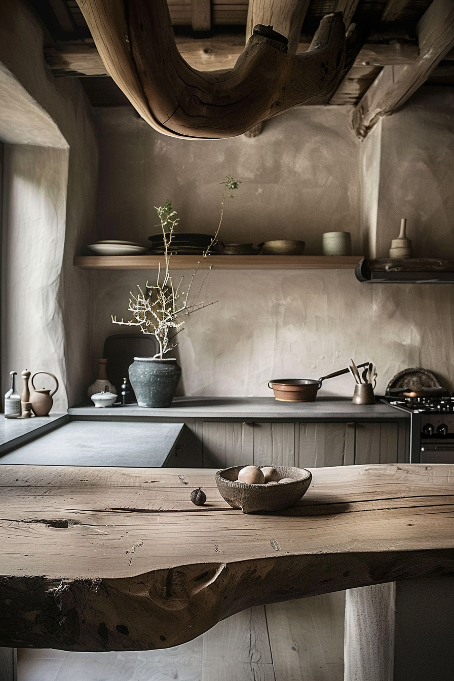 The image displays a rustic kitchen interior with a focus on natural materials. In the foreground is a rough wooden table with a bowl containing eggs. Hanging above the table are large, curved wooden beams that contribute to the rustic feel of the space. On the countertop in the background, there is an assortment of pottery, a cooking pan, and kitchen utensils, accentuated by their earthy color palette. A pot with a sprouting plant adds a touch of greenery to the scene. The walls are textured with a plaster finish, and the lighting is soft, creating a warm and inviting atmosphere. A rustic kitchen with a wooden table, eggs in a bowl, and natural wood and pottery decor.