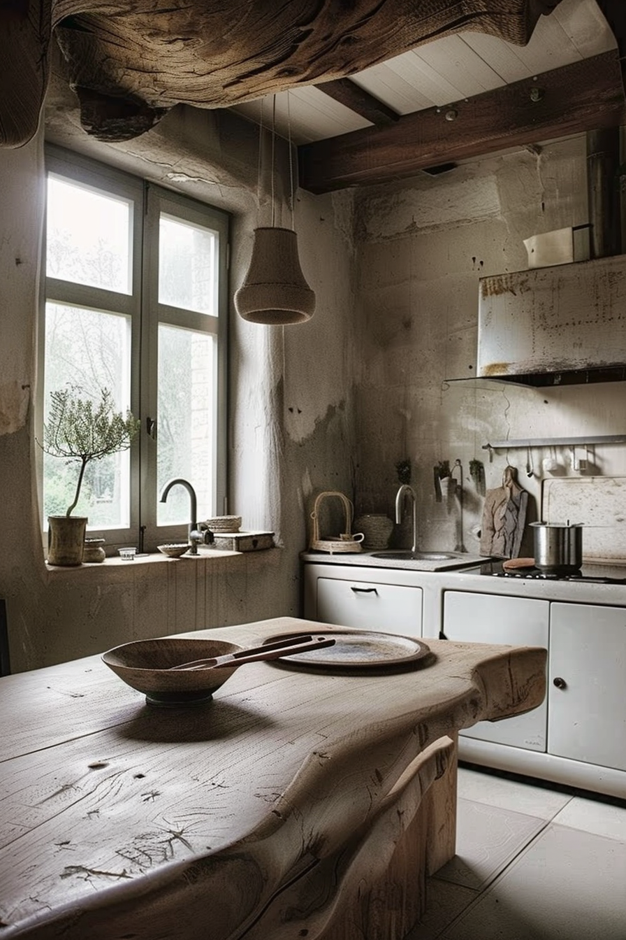 The image shows a rustic kitchen with a weathered wooden table in the foreground, upon which rests a large wooden bowl and two spatulas. Above the table is a textured hanging light fixture. In the background, there's a kitchen counter with a built-in sink, faucet, and cupboards. A window provides natural light, and in front of it sits a potted plant. The walls and shelves have a distressed look, adding to the rustic charm of the setting. Rustic kitchen interior with wooden table, distressed walls, and hanging light fixture.