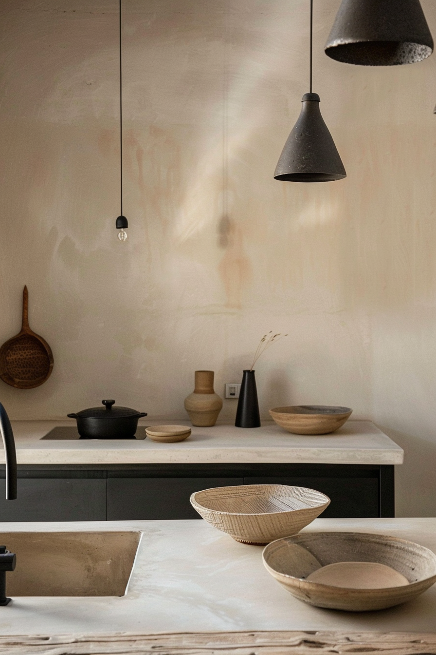 The image shows a modern kitchen with a minimalist design. Earth tones dominate the scene. On the kitchen counter, there are various pots and bowls, possibly made of ceramic and wood. These items add a rustic charm to the space. There is a cast iron pot with a lid situated on a white cutting board or trivet. In the background, two pendant lights hang from the ceiling, casting a soft glow. The kitchen sink, also in view, has a matte finish matching the cabinets below. The wall behind the counter has an unfinished, textured look, which provides a natural, organic backdrop to the kitchenware. Modern kitchen with minimalist design, cast iron pot, wooden bowls, and pendant lights.