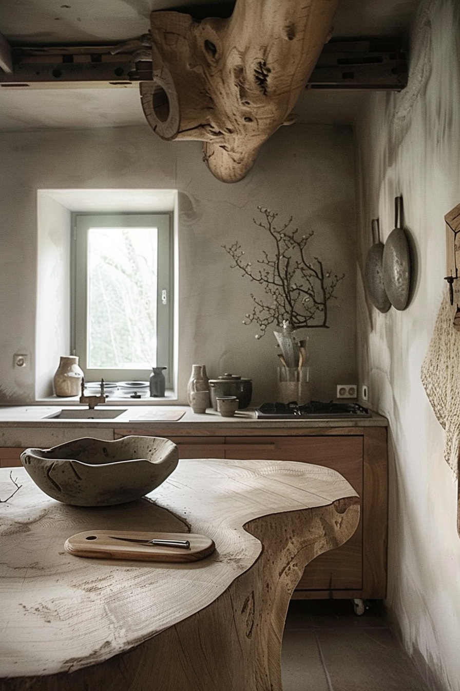 The image features a rustic kitchen interior with a focus on natural materials and textures. There is a kitchen counter made of wood with various pottery pieces and utensils. A wooden bowl is on the kitchen island, close to a cutting board. A unique feature is the large piece of driftwood or a wooden beam shaped like a hollow log hanging from the ceiling. The walls bear a neutral, earthy tone that complements the wood, and on one wall, there's a branch placed in a vase, adding to the organic feel of the space. A window lets in natural light, enhancing the room's warm and inviting atmosphere. Rustic kitchen with wooden countertops, earthy tones, and a large driftwood ceiling feature.