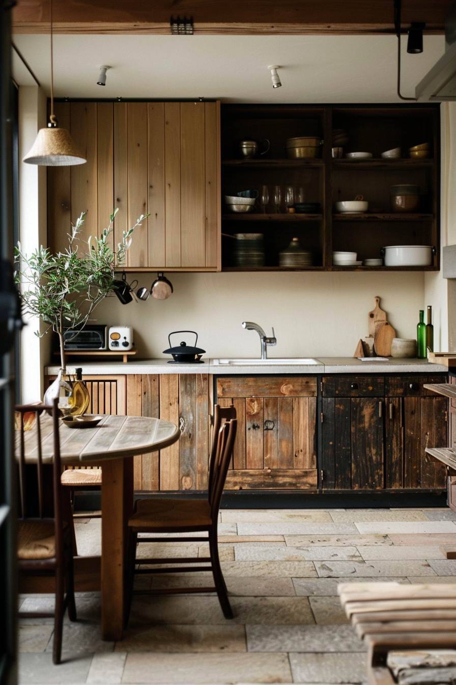 The image shows a cozy kitchen interior with rustic wooden cabinetry and a dining area. The cabinets have a dark, worn finish, contrasted by a lighter wood used on the open shelving above, which houses various dishes and pots. A small round dining table with two chairs is set near the counter, adorned with a potted plant and a few condiments. A woven pendant light hangs above, while the flooring consists of stone tiles in various sizes and shades. Rustic kitchen with wooden cabinets, open shelving, stone floor, and a small dining set.