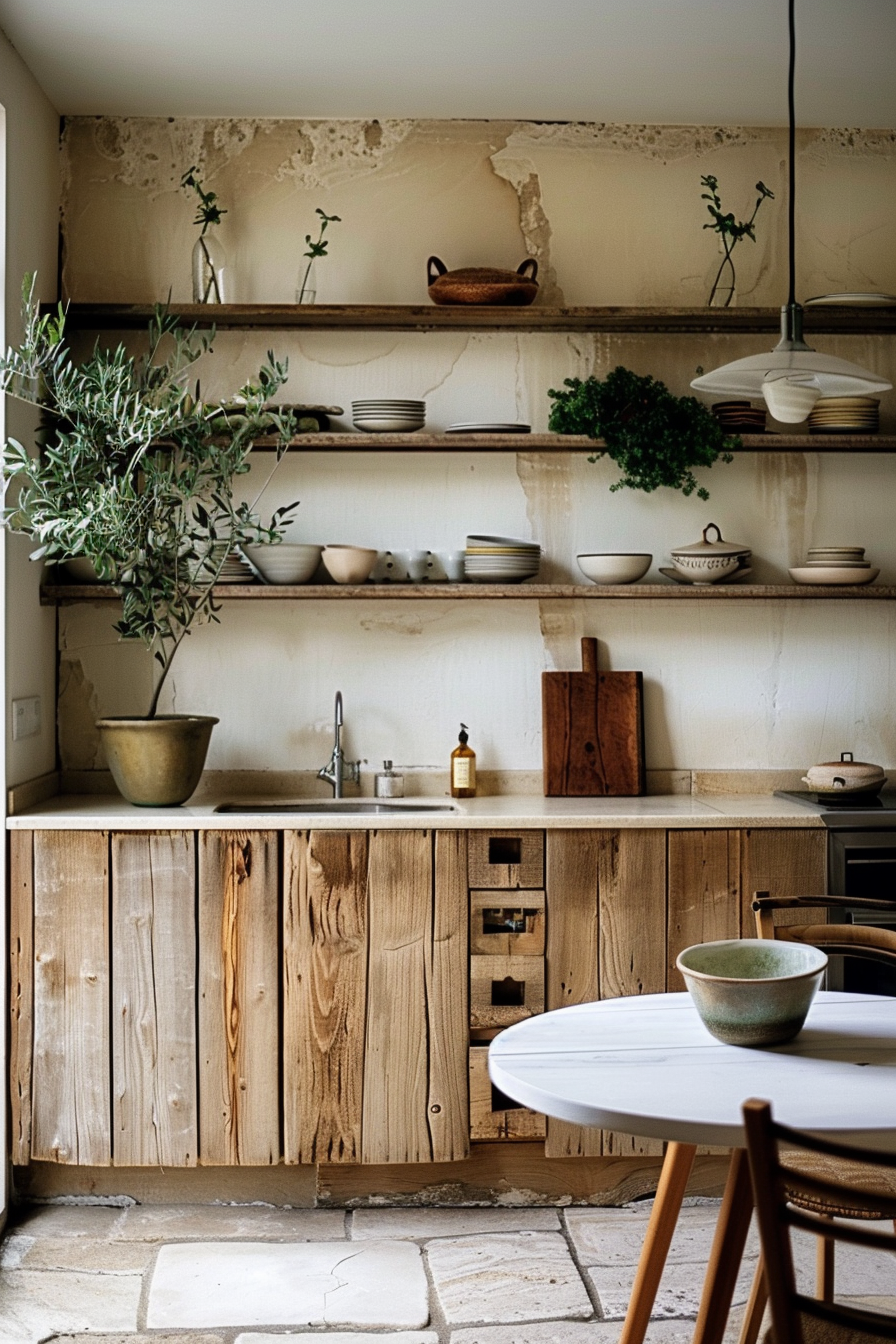 The image shows a rustic kitchen setting with wooden cabinetry and shelving. The shelves hold an assortment of crockery including plates, bowls, and a few plants. There is a visible patina and peeling paint on the wall, adding to the rustic charm. A marble countertop with an integrated sink forms the work area, and a round white table is partially visible in the foreground, with a chair pulled up to it. A potted olive tree adds a touch of greenery to the space. Rustic kitchen interior with wooden cabinets, open shelving, and a round table.