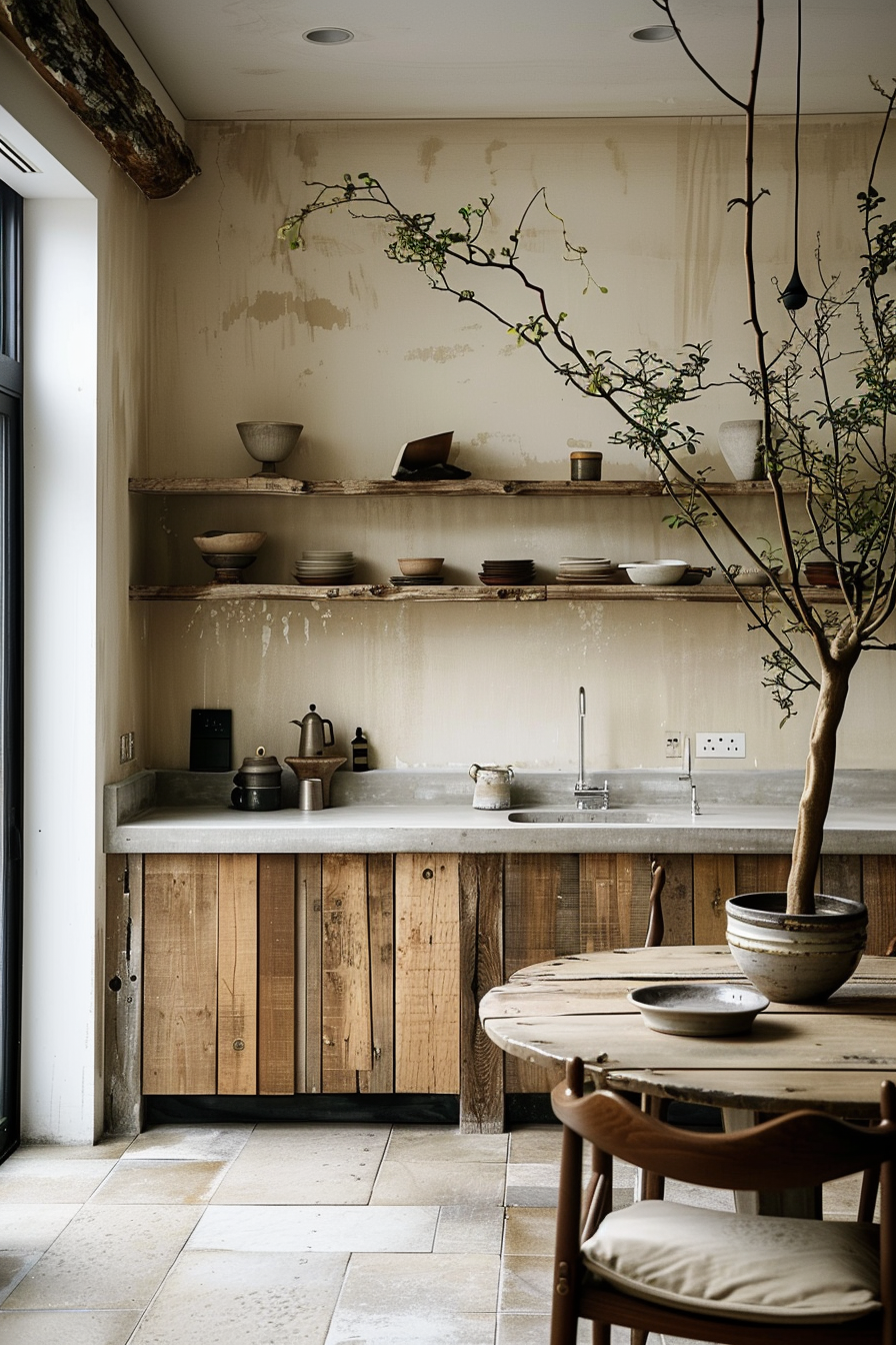 The image shows a rustic kitchen corner with a distressed aesthetic. There's a wooden kitchen unit with a concrete countertop, which houses a sink and a couple of vintage-looking pots and a teapot; above it are wooden shelves stocked with ceramic bowls and plates. To the right is a potted plant with extended branches reaching out to the room. In the forefront, part of a round wooden table with a chair is visible, contributing to the room's warm, earthy atmosphere. The walls appear intentionally unfinished, adding to the shabby-chic charm of the space. Rustic kitchen corner with wooden shelves, ceramic ware, a potted plant, and a round table.