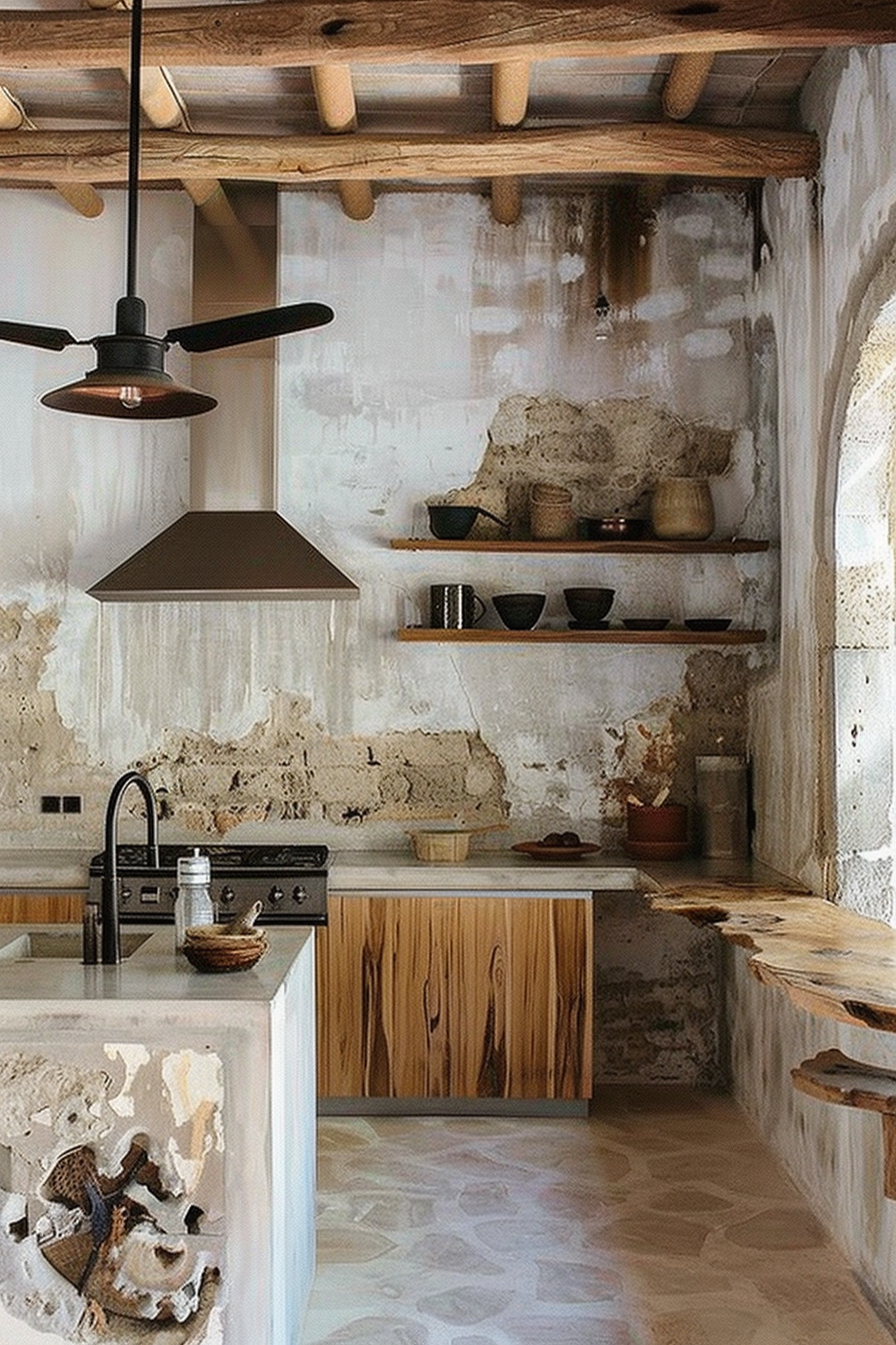 The image shows a rustic kitchen with a distinct aesthetic. The kitchen features an island with a stone base and a wooden cabinet with a smooth countertop, which matches a larger tabletop on the right. Overhead are two industrial-style pendant lamps with black shades and copper inner lining, complementing the warm wood tones. Exposed wooden beams add to the rustic feel on the ceiling, and there are open wooden shelves against the distressed white plaster wall, which is partially worn away to reveal underlying brick. The shelves hold ceramics and pottery in earthy tones. The kitchen appliances are black, including a classic-style stovetop oven. The flooring is a patterned tile in soft colors that blend with the overall natural palette of the room. The kitchen achieves a blend of rough textures and natural materials, creating an inviting, warm, and functional space. Rustic kitchen with wooden beams, shelves with pottery, industrial lamps, and stone accents.