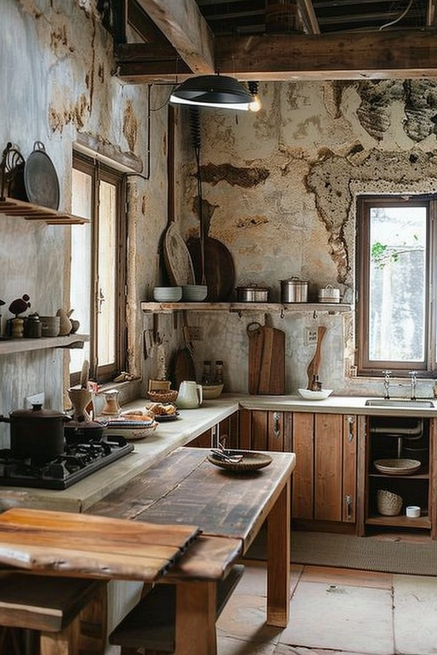 The image shows a rustic kitchen with distressed walls, revealing layers of old paint and plaster. There are wooden countertops, shelves, and a large table providing ample workspace. Kitchen essentials like pots, pans, and various cooking utensils are neatly organized on the shelves and countertop. A gas stovetop and a sink with a modern faucet are installed into the countertops, suggesting a blend of traditional style and modern convenience. A large window lets in natural light, illuminating the room and offering a view of the outdoors. Rustic kitchen interior with distressed walls and wooden furniture, combining old charm with modern appliances.
