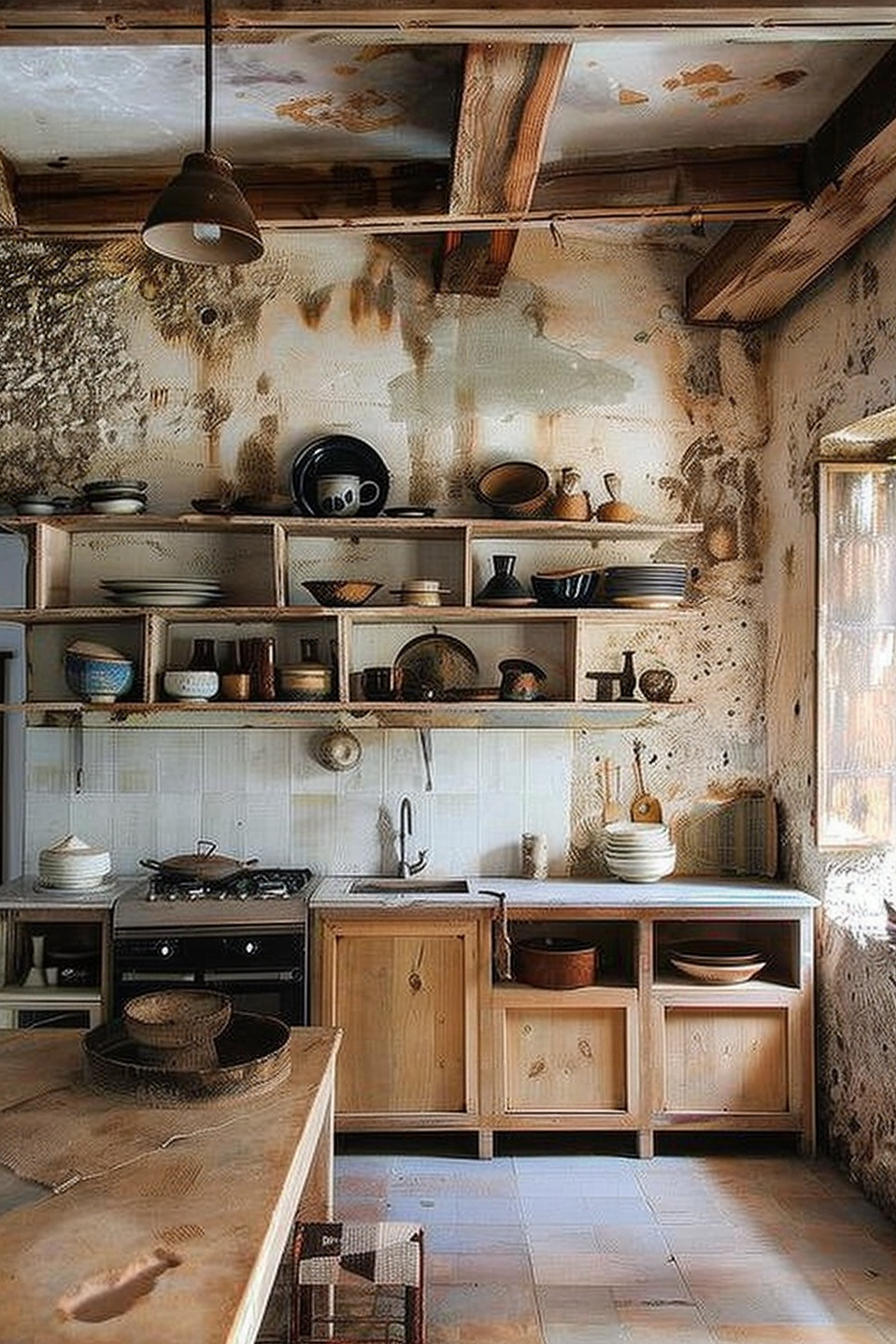 The image displays a rustic kitchen interior with distressed walls that reveal patches of bare bricks and discolored plaster. Wooden beams across the ceiling add to the rustic charm. Open shelves lined against the wall hold an assortment of pottery, dishes, and jars. Below the shelves, there are wooden cabinets with a natural finish and small round knobs. A countertop extends across the cabinets, housing a black vintage-style stove and a large cooking pot. Above the stove, a single dark metal pendant light hangs from the ceiling. On a wooden island in the foreground, a worn burlap cloth drapes over the edge, and a traditional woven basket rests on top. The kitchen is well-used with a sense of warmth and history. Alt text: Rustic kitchen with distressed walls, open wooden shelving filled with dishes, and a vintage-style stove.