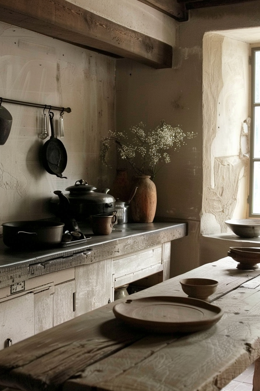 The image shows a rustic kitchen interior with a wooden counter and cabinetry displaying various cookware items. A prominent wooden beam runs under the ceiling above the counter, from which two black pans hang. Nested on the counter are cooking pots and some utensils. A small window allows natural light to illuminate a vase with white wildflowers on the countertop, adding a touch of natural beauty to the scene. In the foreground, a worn wooden dining table is set with pottery plates and bowls, inviting a sense of homeliness. Rustic kitchen with wooden furnishings, cookware, and a vase of wildflowers by the window.
