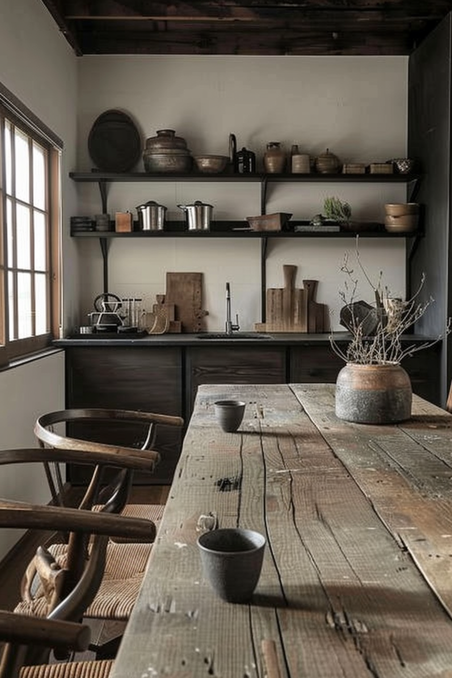The image displays a rustic kitchen scene with an emphasis on natural materials and a warm, monochrome color palette. A sturdy wooden table adorned with a few cups sits in the foreground, and there's a wooden chair with a woven seat to the side. The kitchen counters and open shelves in the background are stocked with various pots, pans, and kitchen utensils, all showcasing an earthenware aesthetic. A vase with dried branches provides a natural decorative element on the table, and the room is brightly lit through a window to the left. Rustic kitchen interior with wooden furniture and earthenware on open shelves.