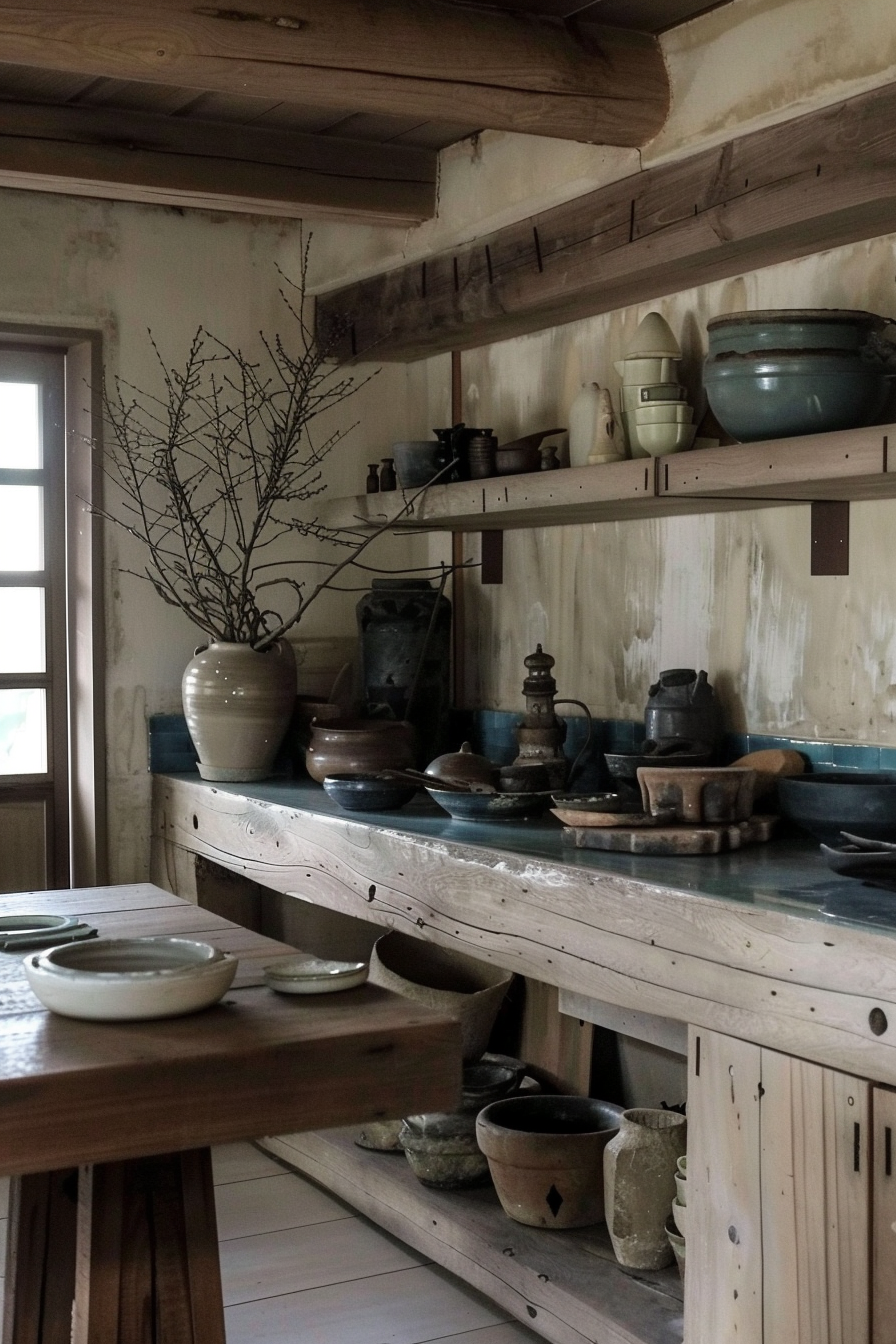 The image shows a rustic interior with a wooden table in the foreground and open shelving against the wall, holding various pottery items. A large pottery vase with bare branches sits atop the table, adding a natural decorative element to the scene. The shelves are stocked with bowls, plates, and old-fashioned kitchenware in muted tones that suggest a historic or countryside setting. The wall behind the shelves is white with visible signs of wear, and there's a small window in the distance allowing natural light to enter the space. Rustic kitchen with wooden table and pottery on open shelves, evoking a historical feel.