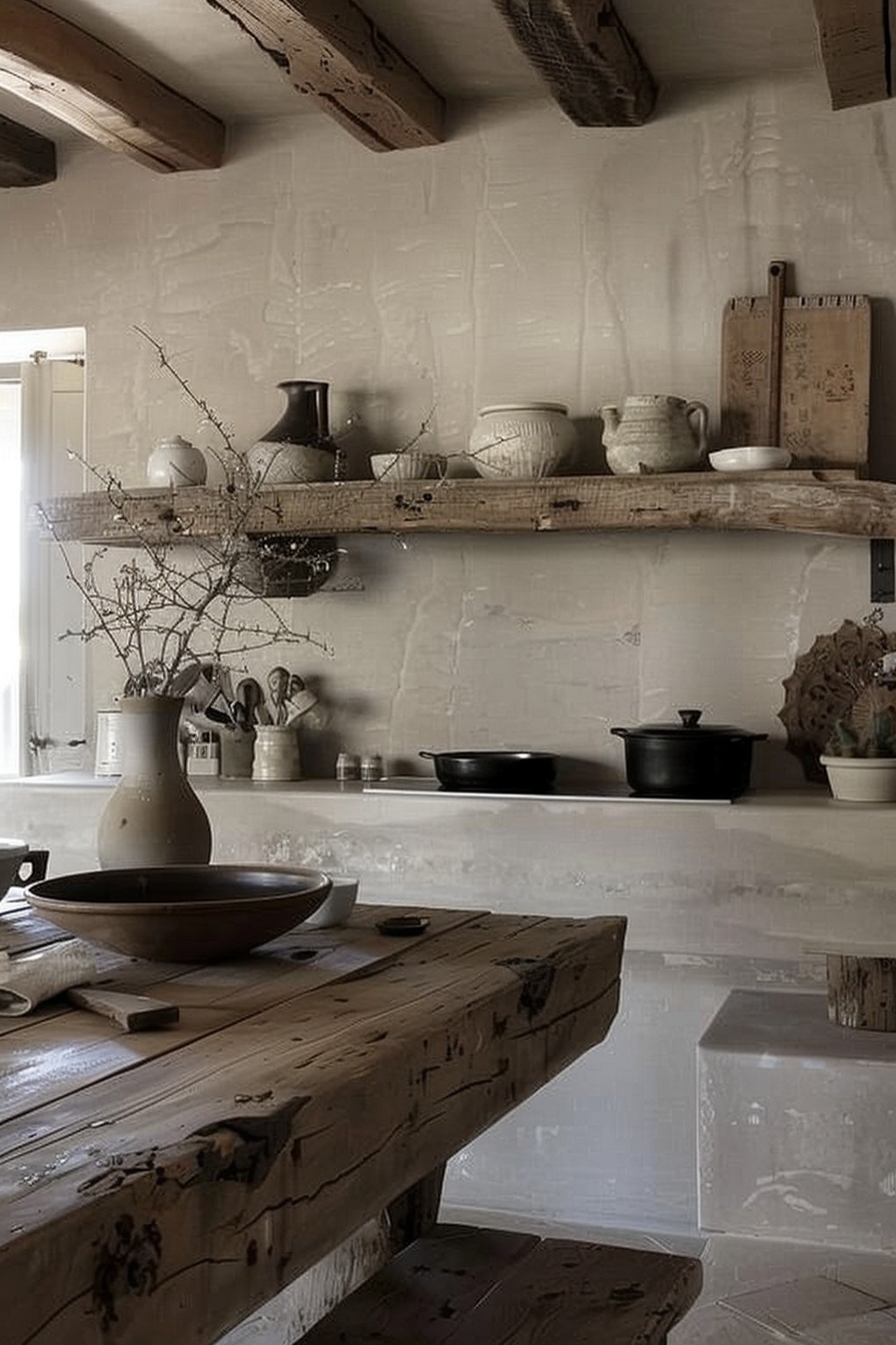 The image depicts a rustic kitchen setting with a strong emphasis on natural materials and textures. In the foreground, there's a substantial wooden table that shows signs of wear and use, imbuing the space with a sense of history and character. On the table is a bowl and a couple of smaller items, possibly cutlery or kitchen tools. Above the table, there's a textured wall with a single, open shelf made of rugged wood that matches the aesthetic of the table. The shelf is adorned with various kitchen items including ceramic pots, a jug, cutting boards, and a wire basket. There's a simplicity and utilitarian beauty to the arrangement, hinting at a well-loved and frequently used space. The color palette is muted, consisting of earth tones that reinforce the organic and timeless feel of the scene. A tall ceramic vase with small branches sits on the table, adding a touch of natural decor to the setting, while further back on the counter, more cooking pots and utensils can be seen, again following the theme of functional simplicity. The lighting in the space appears to be natural, coming from a source outside the frame, likely a window, contributing to the serene and inviting ambiance of the kitchen. Alt text: Rustic kitchen with a worn wooden table, open shelving with ceramic pots, and natural wood decor.