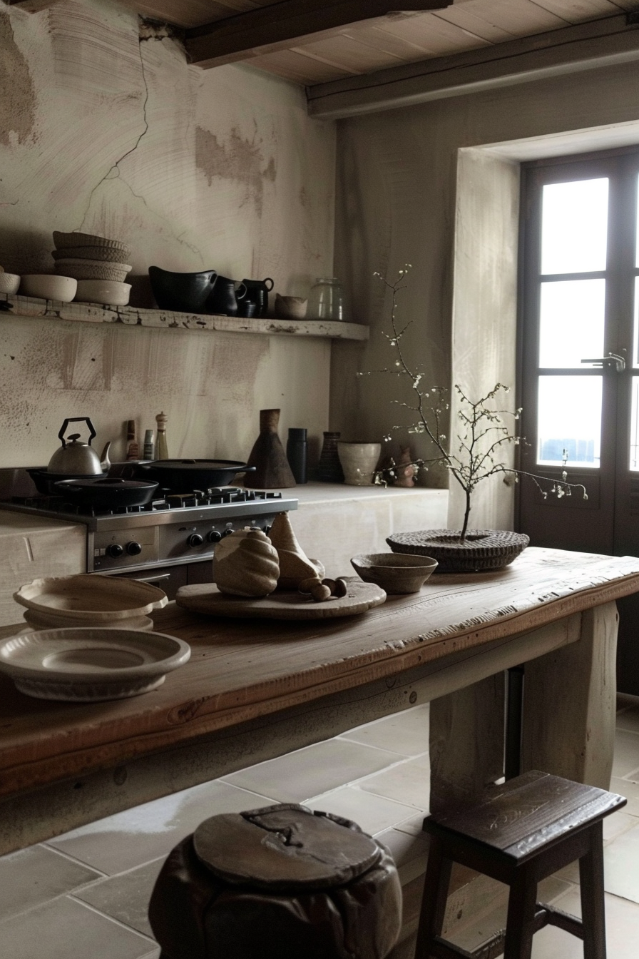 The image shows a rustic kitchen with an old-world charm. There is an aged wood dining table at the center bearing various pottery items - plates, bowls, and a jug. On the table, there's also a wooden cutting board with what appears to be bread and a twig with buds in a woven basket, lending a touch of nature to the room. The gas stovetop visible behind the table has a kettle on it. Above it, a shelf holds more pottery and kitchenware, contributing to the earthy, lived-in look of the space. A window casts natural light into the room, highlighting the room's textures and muted color palette. The walls show patches where the plaster has worn off or discolored, enhancing the rustic aesthetic. Rustic kitchen with old wooden table, pottery, stove, and natural light from a window.