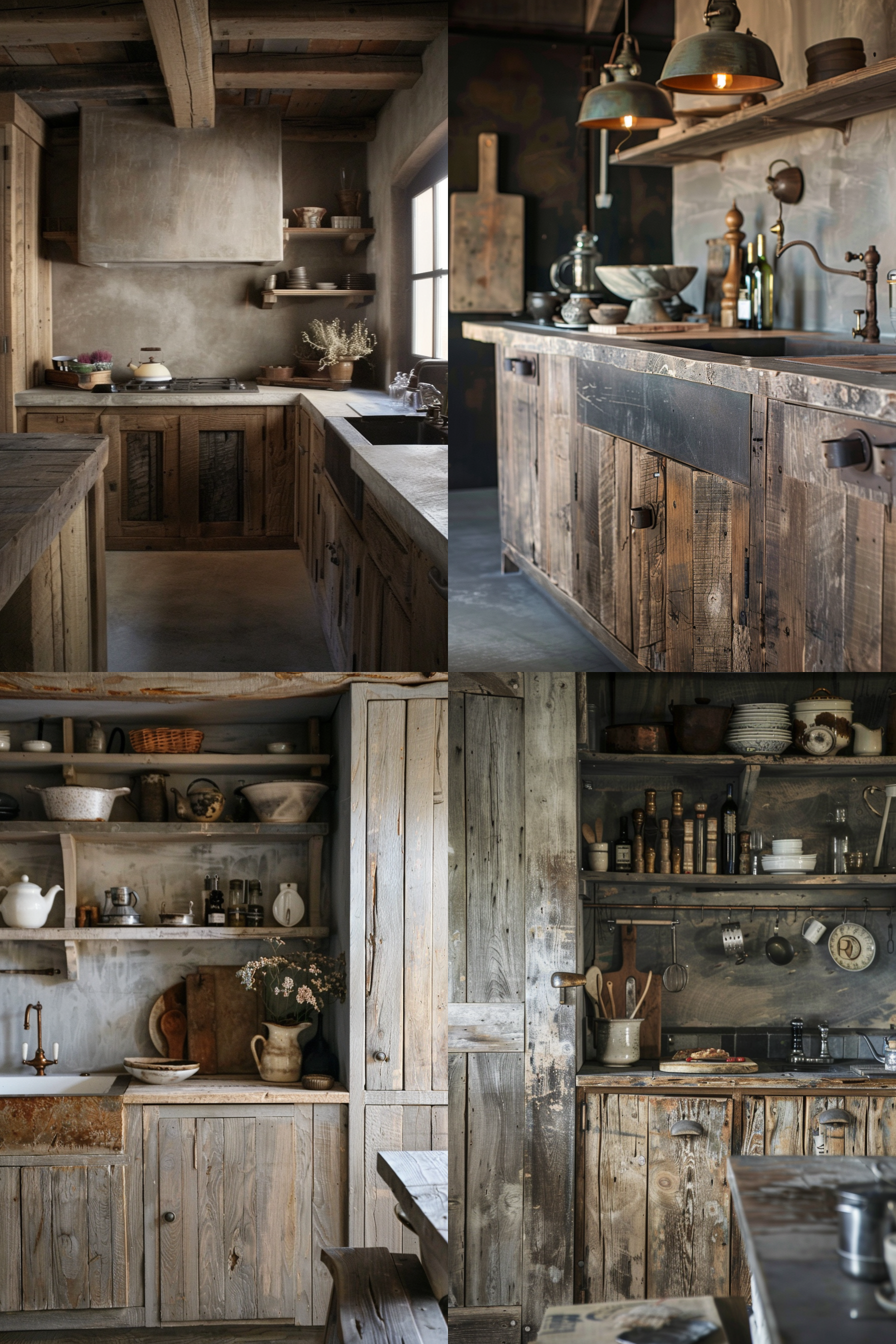 The image displays various perspectives of a rustic kitchen with a vintage aesthetic. The kitchen features wooden cabinetry, exposed beams, and a mix of open shelving and cupboards. Various pots, pans, and kitchen utensils are neatly organized in the space. There is a clear emphasis on the aged wood textures and the cozy, lived-in ambiance of the kitchen. The photo composition enhances the sense of a warm, homely environment with a focus on the textures and materials used throughout the space. Rustic kitchen interior with wooden cabinets, vintage utensils, and cozy farmhouse ambiance.