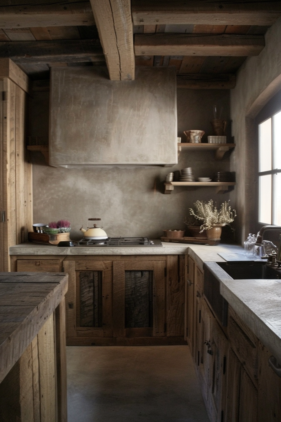 The image shows a rustic style kitchen with an emphasis on natural wood textures. There is a large range hood centered over a stove top that sits within a kitchen island with cabinets that have textured wood doors and iron handles. The countertops appear to be stone or concrete. On the shelves against the wall, there are various pottery and kitchen items, and to the right, there's a window providing natural light. The kitchen has a warm and homely feeling, with wooden beams visible on the ceiling above. Rustic kitchen interior with natural wood cabinets, beams, stove and pottery décor.