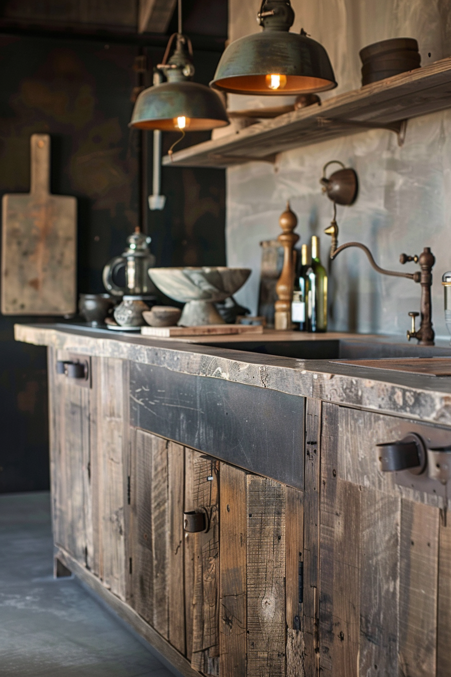 The image shows a rustic kitchen interior with a focus on a wooden cabinet with a built-in sink. Above the sink, two pendant lights with a copper finish provide a warm glow, highlighting the patina of the metal. On the wooden shelves behind the sink, there are various kitchen items including a large mortar, a vintage coffee pot, and a few cups. The overall atmosphere suggests a cozy, antique style with attention to old-fashioned craftsmanship. Rustic kitchen with wooden cabinets, a built-in sink, antique-style pendant lights, and various kitchen items.