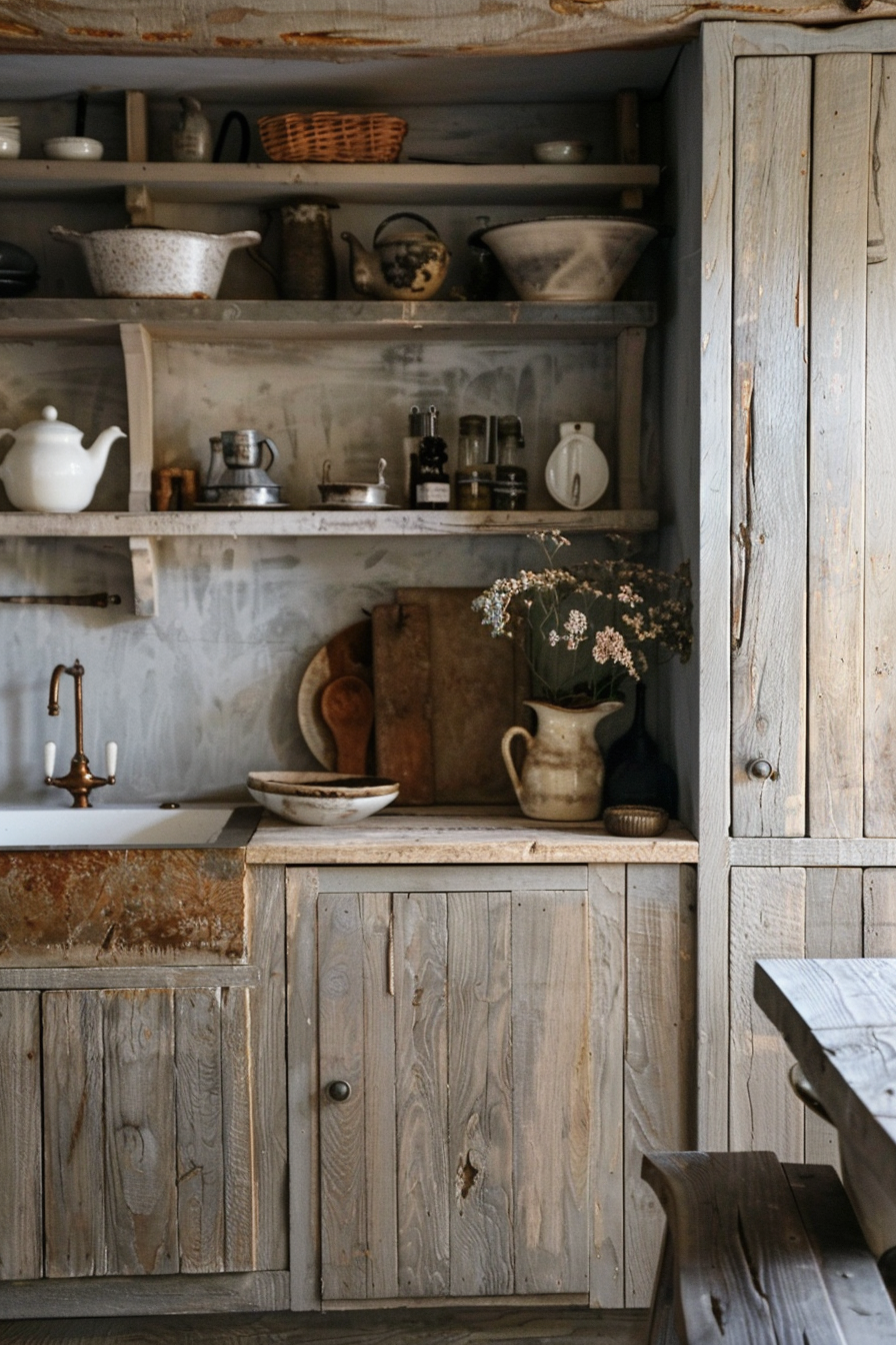 The image shows a rustic kitchen corner with weathered wooden cabinetry and open shelves. Various kitchen items, such as pots, teapots, and spices, are arranged on the shelves. A white porcelain sink with an antique brass faucet sits below the shelves, and a ceramic bowl rests on the countertop. In the corner, a jug with dried flowers adds a decorative touch, next to wooden boards and bowls. The overall appearance is cozy and has a vintage, countryside aesthetic. Rustic kitchen with wooden cabinets, open shelving, and antique decor items.