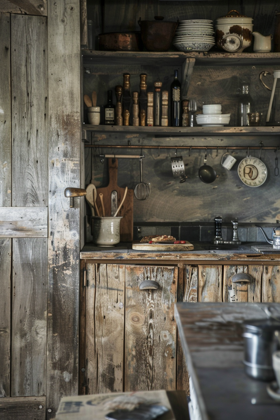 The image displays a rustic wooden kitchen with a vintage aesthetic. Various cooking utensils hang against a dark tiled backsplash, and open shelves are filled with an assortment of items including bowls, pots, and bottles. A weathered wooden cabinet with metal handles provides storage below. On the counters, there's a cutting board with some baked goods, and a kettle sits nearby. The overall feel is charmingly old-fashioned and homey. Rustic kitchen interior with wooden cabinets, shelving with dishes, and hanging cooking utensils.