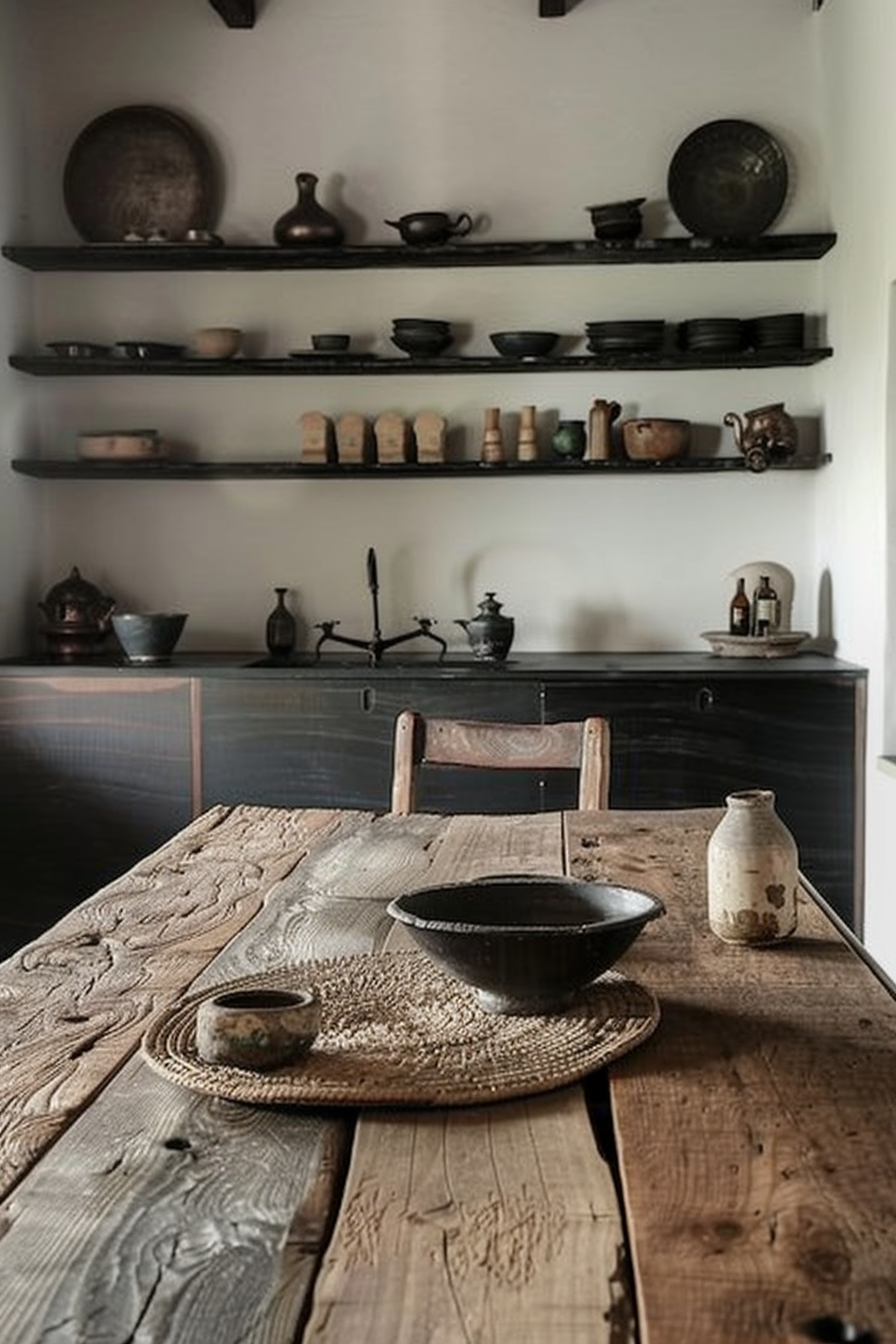 The image depicts a rustic kitchen setting with a focus on a wooden dining table. On the table, there is a woven placemat with a ceramic bowl, a small cup, and rice grains scattered around. A wooden chair faces the table. In the background, there are open shelves mounted on the wall above a dark-colored cabinet. These shelves are adorned with various dishes, bowls, and unique pottery pieces in an organized display. The overall color palette is muted, with natural wood tones and dark ceramics dominating the scene. Rustic kitchen with wooden table, chair, dark shelves displaying pottery, and cabinet.