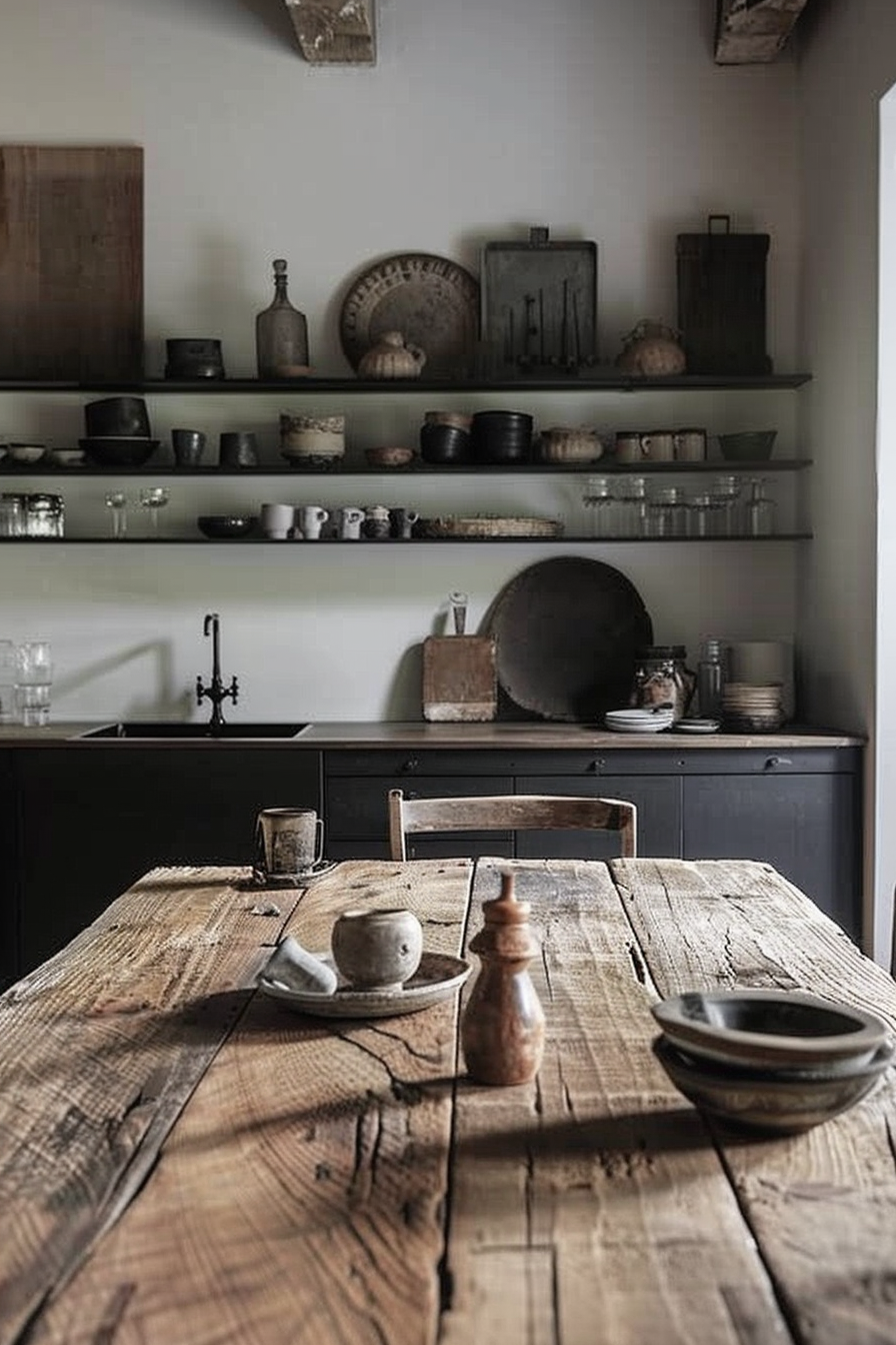 The image showcases a rustic kitchen scene with a focus on a wooden dining table at the forefront. On the table, there is a ceramic mug with a spoon inside it, a small bowl resting on a plate, and a wooden pepper mill. The background features a kitchen counter painted in a dark tone with a built-in sink and a black faucet. Above the counter, there are open shelves lined with various kitchenware, including pots, pans, plates, bowls, and utensils, all arranged neatly and having a cohesive earthy color palette. The overall mood is cozy and artisanal, with a sense of simplicity and natural materials. Rustic wooden table with kitchenware and open shelves in a cozy kitchen setting.