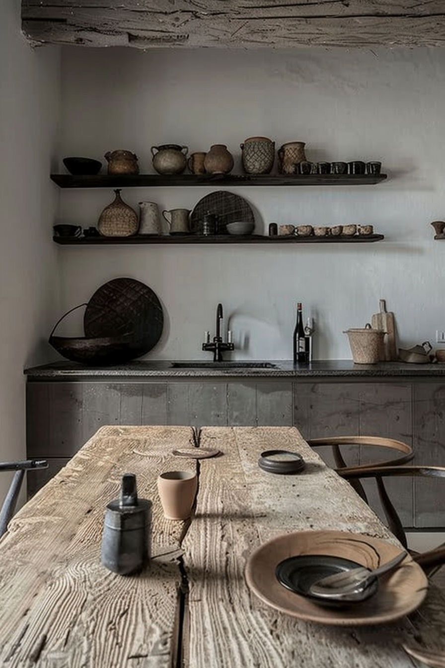 The image shows a rustic kitchen setting with a focus on earthy tones and textures. A wooden dining table is in the foreground, set with ceramic dishes, a mug, and a metal canister. The table has a texture that indicates it is made of reclaimed or aged wood. Behind the table, there is a countertop with a built-in sink and a black faucet. Above the countertop, open shelves are mounted on the wall, displaying an assortment of pottery and dishes in various shapes and shades that complement the room's aesthetic. A bottle of wine and some kitchen utensils can also be seen on the counters. The room has a neutral color palette, with the walls, shelves, and countertop in varying shades of gray and beige, creating an understated and tranquil atmosphere. Rustic kitchen interior with wooden table, ceramic dishes, and open shelving displaying pottery.