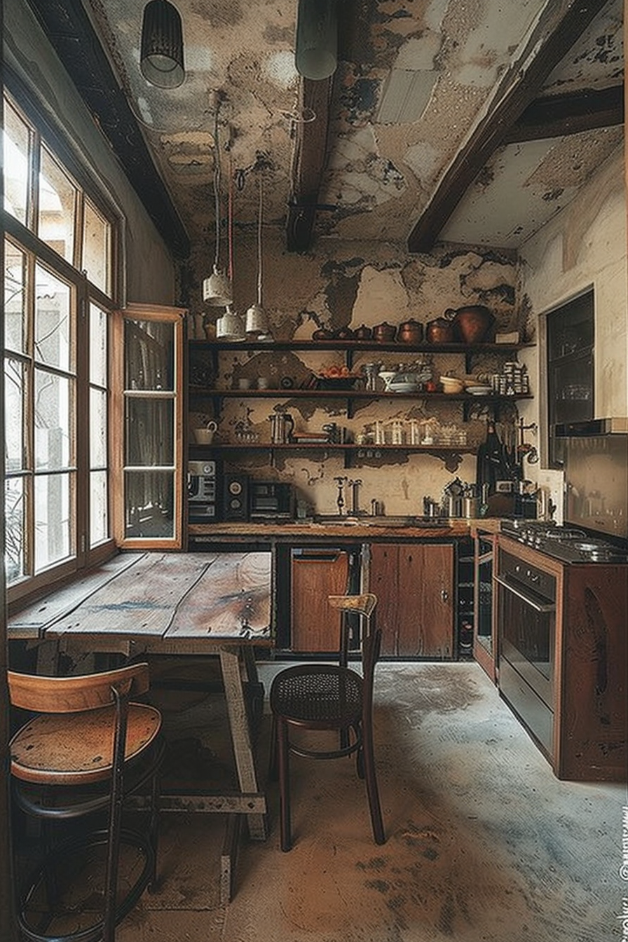 The image shows a rustic kitchen interior with a worn aesthetic. There is a wooden table in the center with stools around it. The walls and ceiling show signs of peeling paint and wear. On the right, there's a kitchen counter with wooden cabinets and modern appliances, including a stainless steel stove and oven. Above the counter, open shelves hold various pots, pans, and utensils. Two pendant lights hang from the ceiling, and natural light comes in from a window on the left. Rustic kitchen with worn surfaces, wooden table, stools, cabinets, and modern appliances.