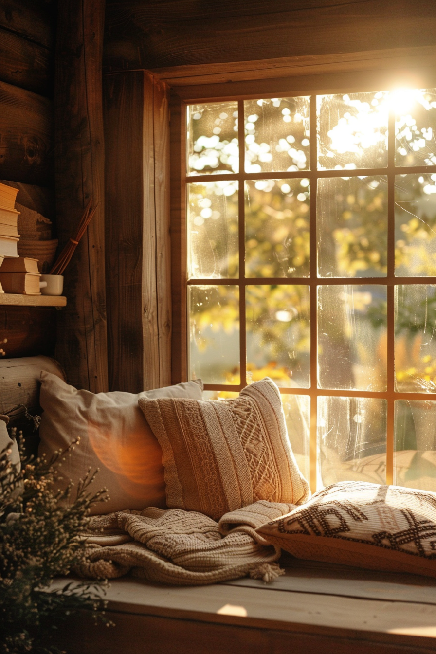 Cozy window seat with cushions and a knit blanket, sunlight streaming through panes, overlooking autumn foliage.
