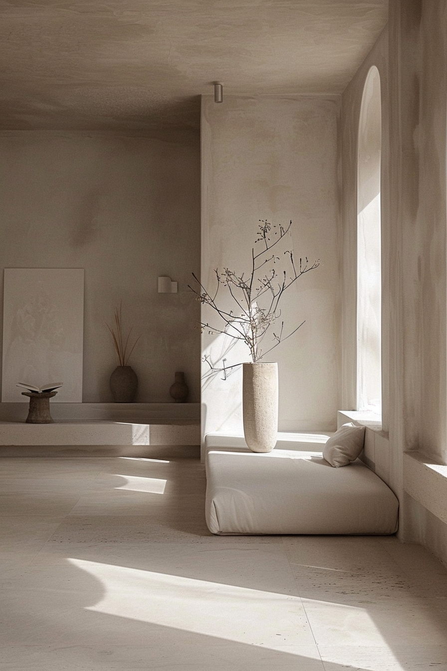 Bright sunlight filters into a serene room with a minimalist design, highlighting a vase with branches and casting soft shadows.