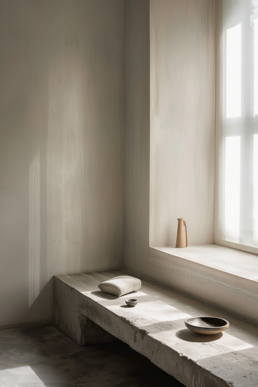 Sunlight streams through a window, casting shadows on a minimalist room with a bench and simple pottery pieces.