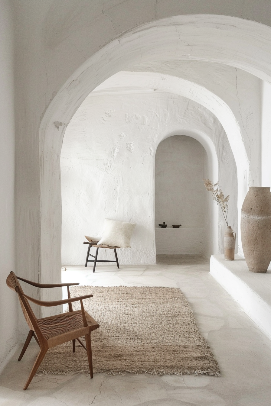 A minimalist white room with textured walls, archways, a wooden chair, a small stool with a cushion, a woven rug, and rustic pottery decor.