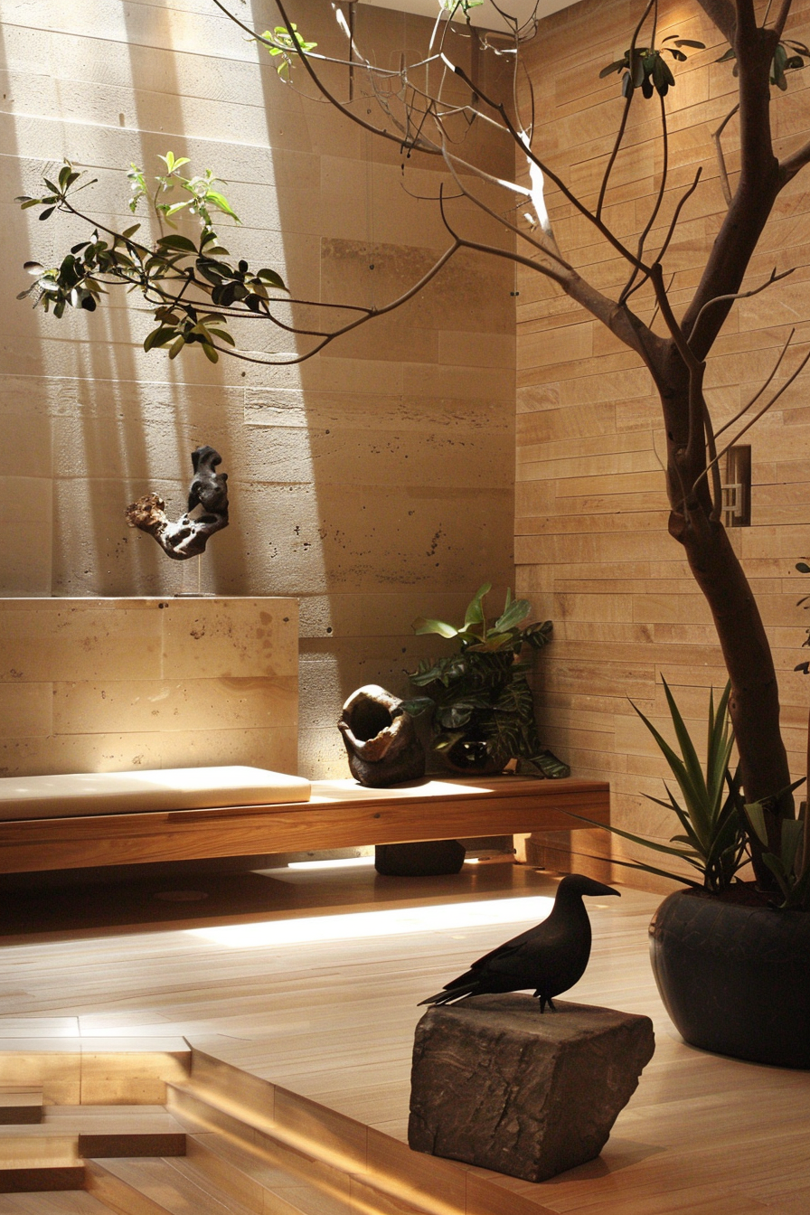 A serene indoor space with natural sunlight, featuring an artificial tree, plants, a bird sculpture on a rock, and wooden benches.
