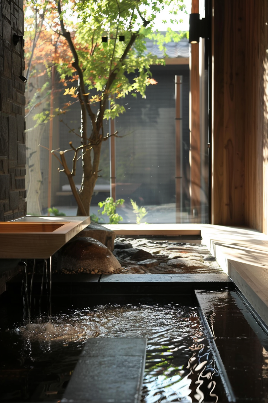 Tranquil indoor stream with sunlight filtering through leaves, reflecting on the water, adjacent to wooden and stone details.