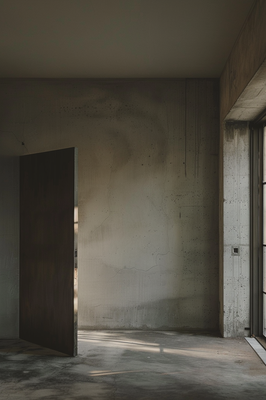 "Dimly lit room with an open wooden door, revealing a shaft of light on a concrete floor and wall."