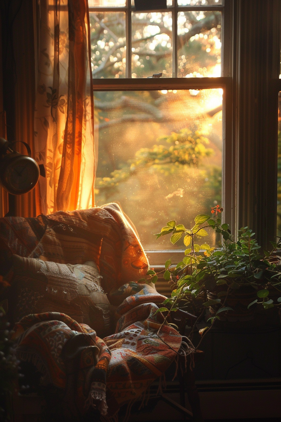 A cozy room corner with a warm blanket on a chair near a window illuminated by golden sunset light, with plants and floating dust particles.