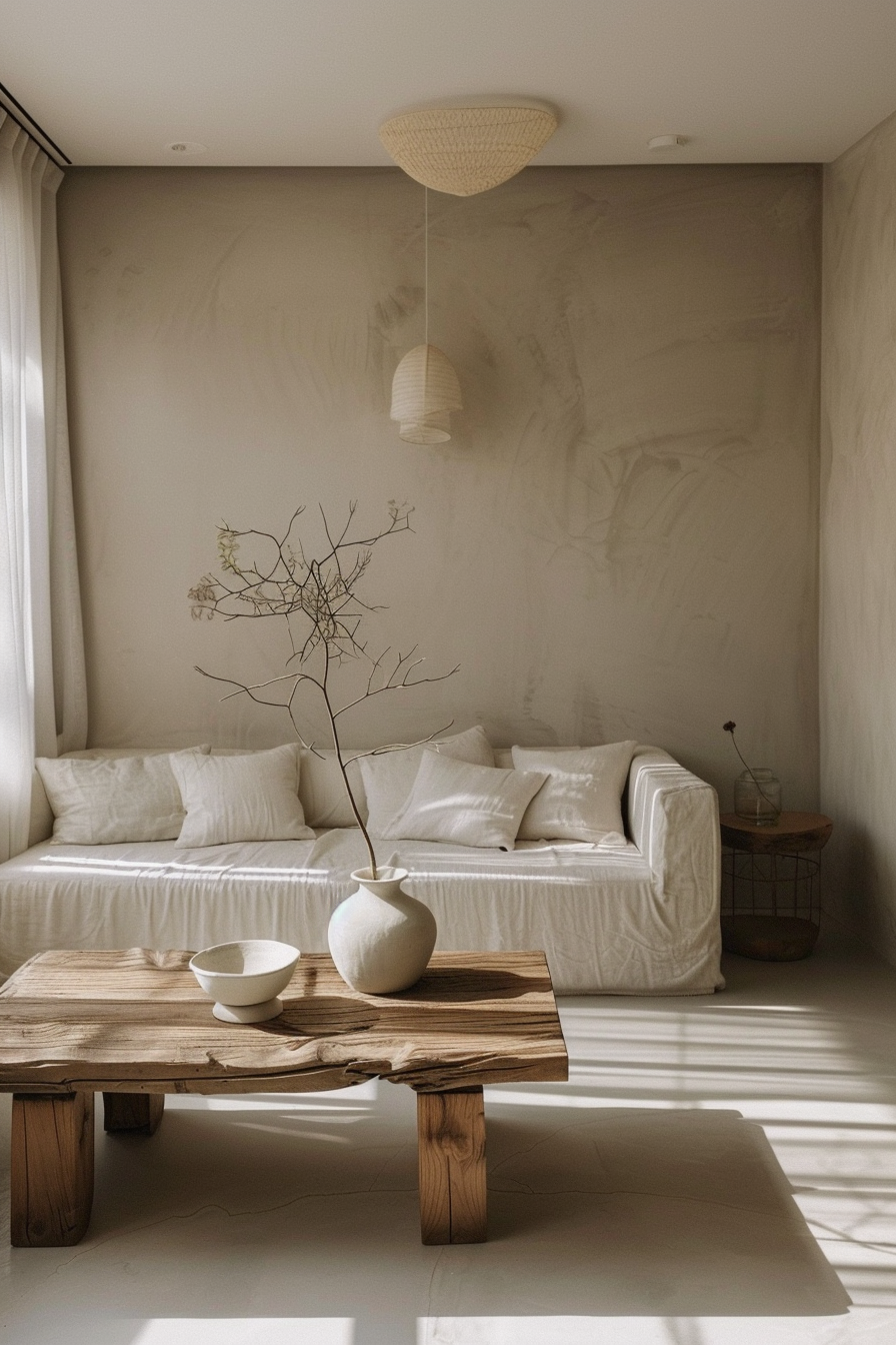 A serene living room with a white sofa, wooden table, ceramic vase with dried branches, and soft natural lighting.