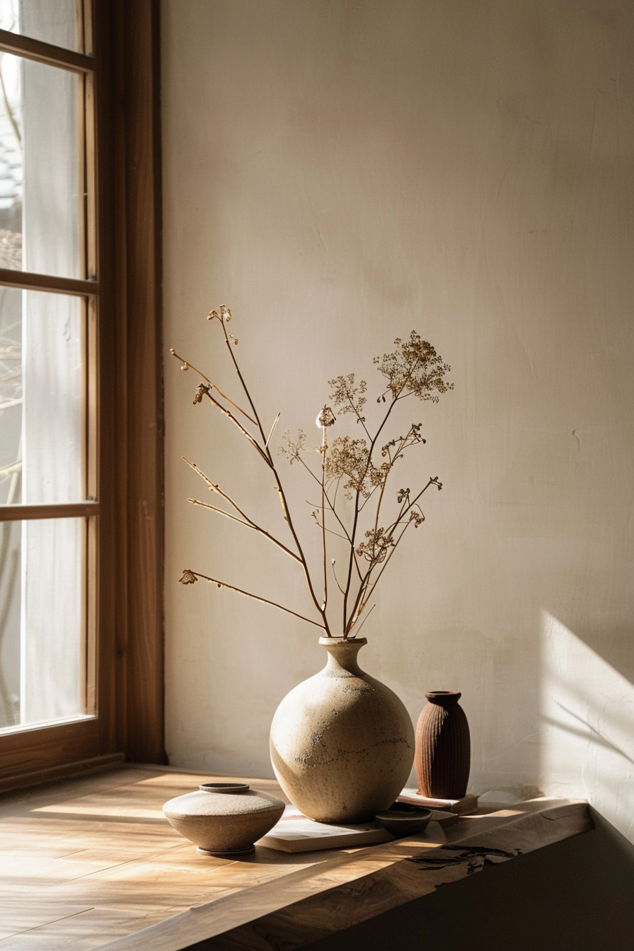 A serene corner with a textured vase containing dried branches flanked by a small bowl and jug, in a sunlit room with wooden flooring.