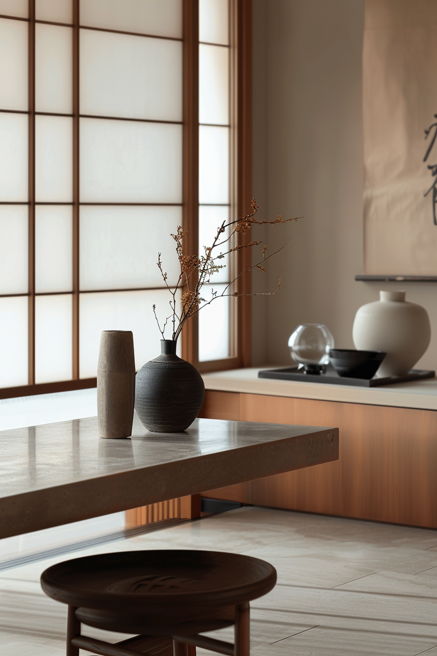 ALT: A serene Japanese-inspired room featuring a stone table with a dark vase and dried branches, adjacent pottery, against a Shoji screen backdrop.