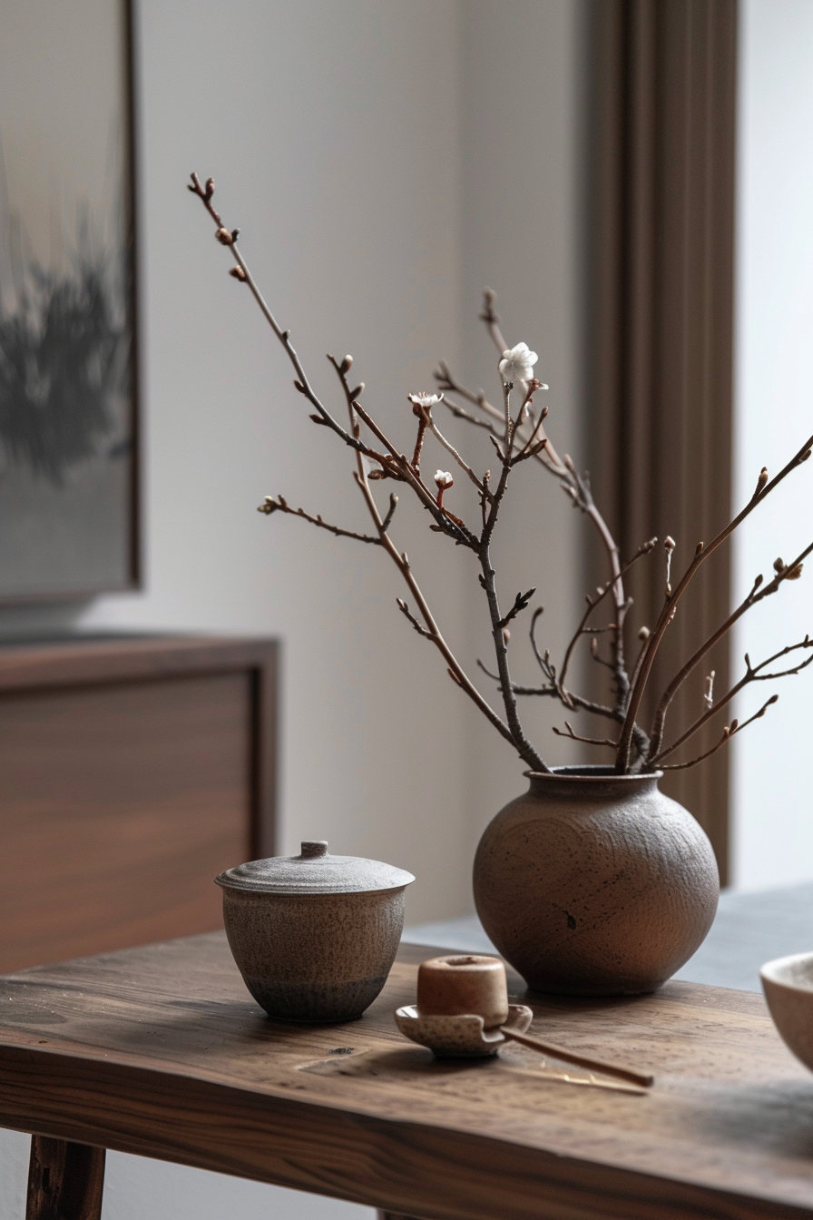 ALT text: A serene composition with a ceramic vase containing budding branches on a wooden table, alongside a covered ceramic pot and a small cup.