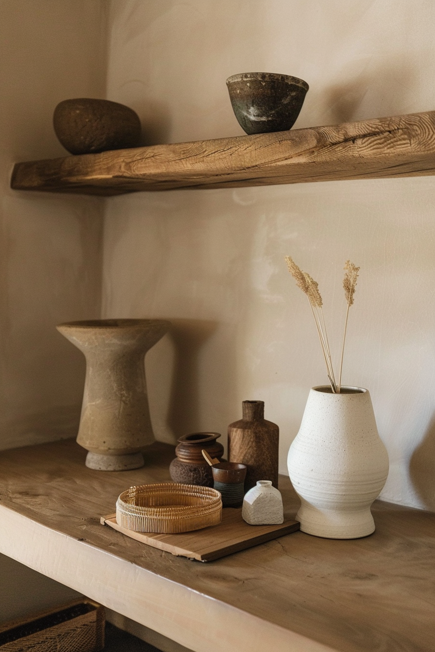 A wooden shelf with rustic pottery and a woven basket on a table, conveying a warm, earthy interior aesthetic.