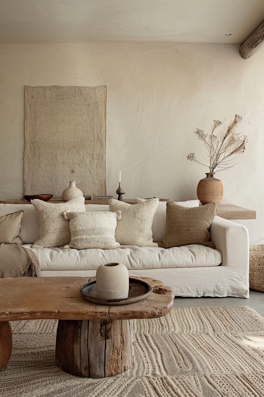 A cozy living room with a beige sofa, assorted textured pillows, rustic wooden furniture, and neutral-toned decor.