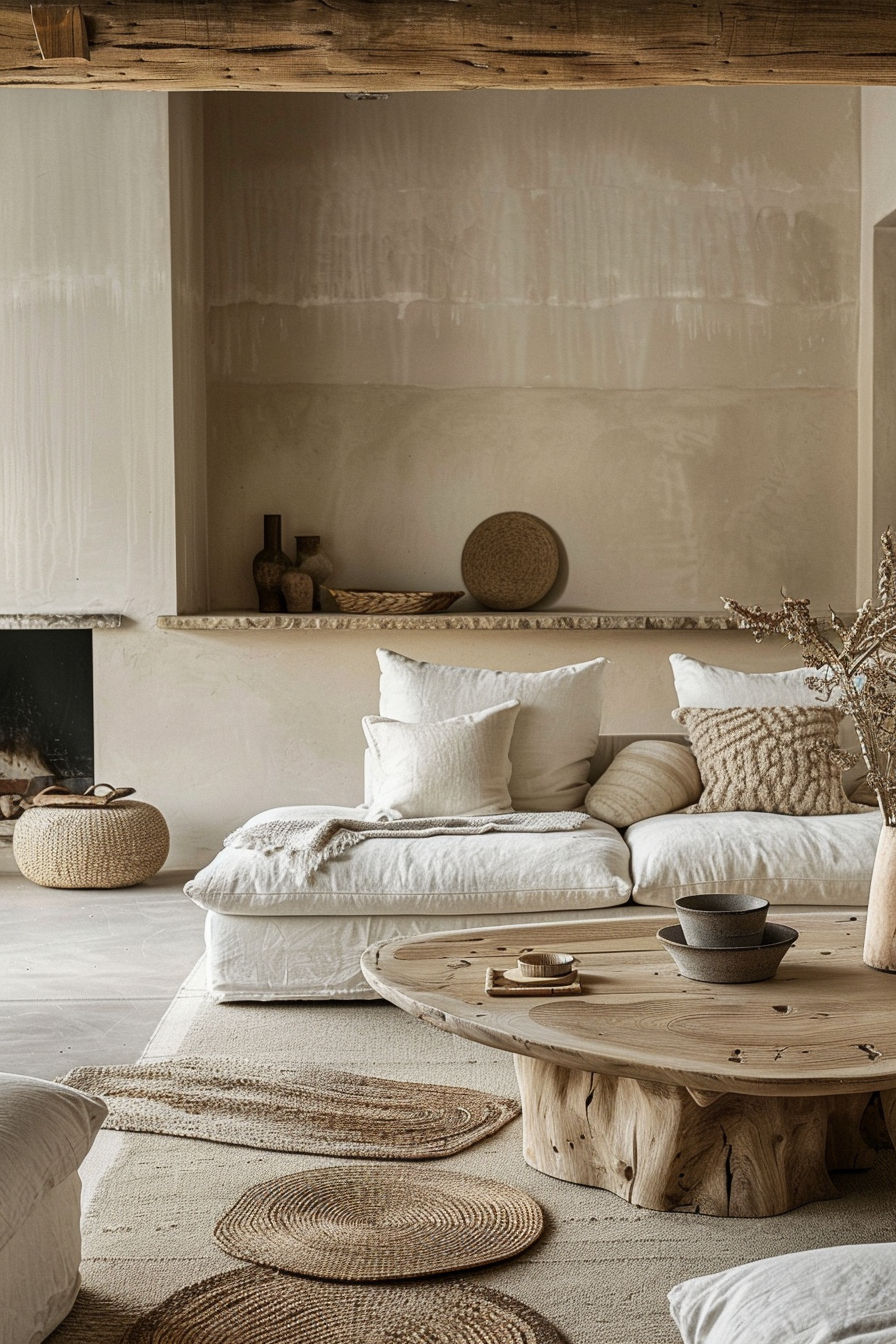 Cozy minimalist living room with white sofa, wooden coffee table, textured rugs, and a neutral color palette.