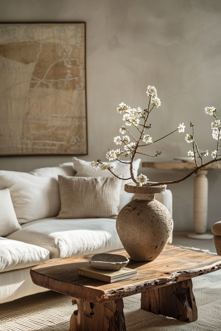 ALT text: "A cozy living room corner with a rustic wooden table, a textured ceramic vase with blooming branches, and a soft beige sofa."