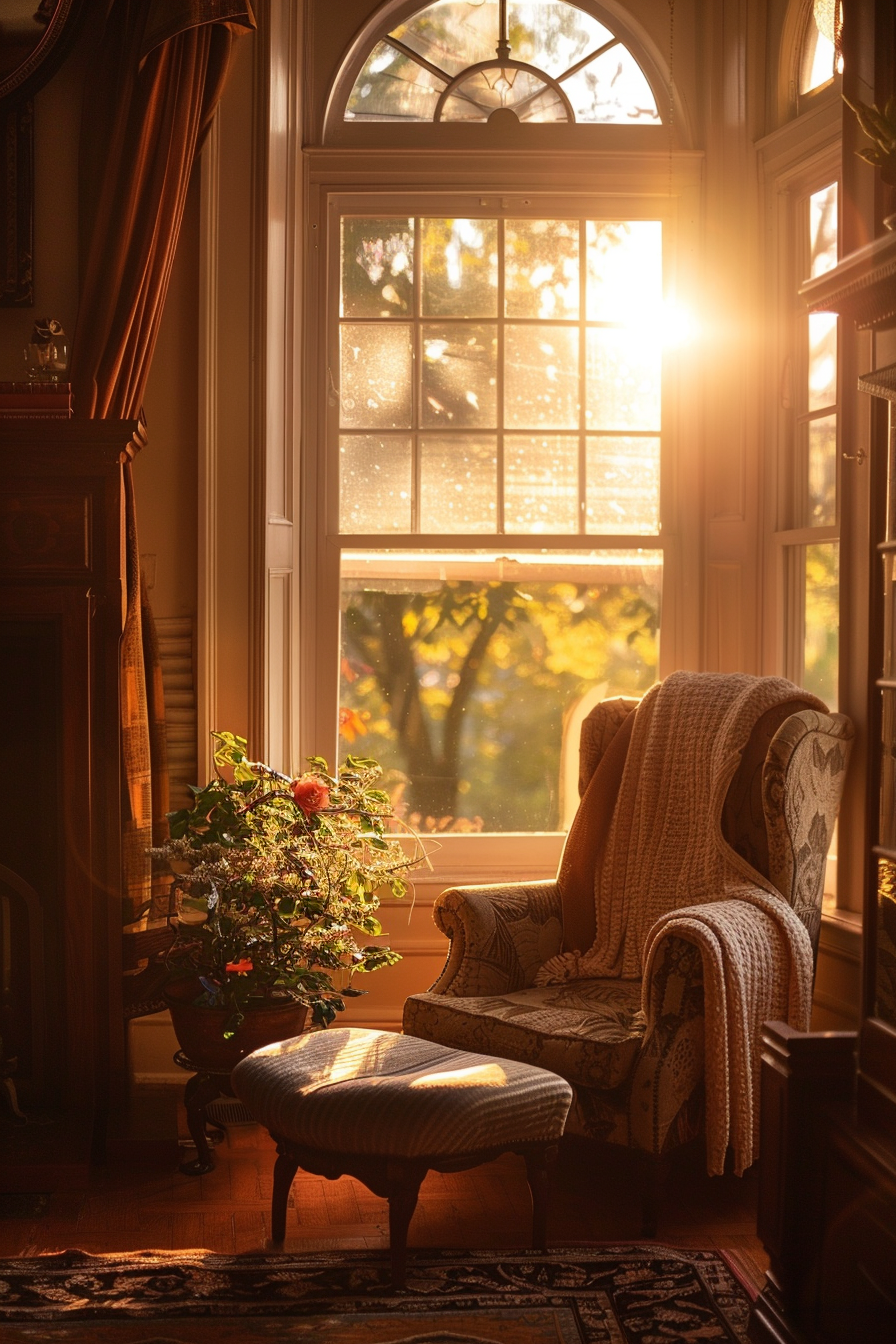 Cozy room corner with an armchair and ottoman by a window, sunlight streaming through, highlighting floating dust and a potted plant.