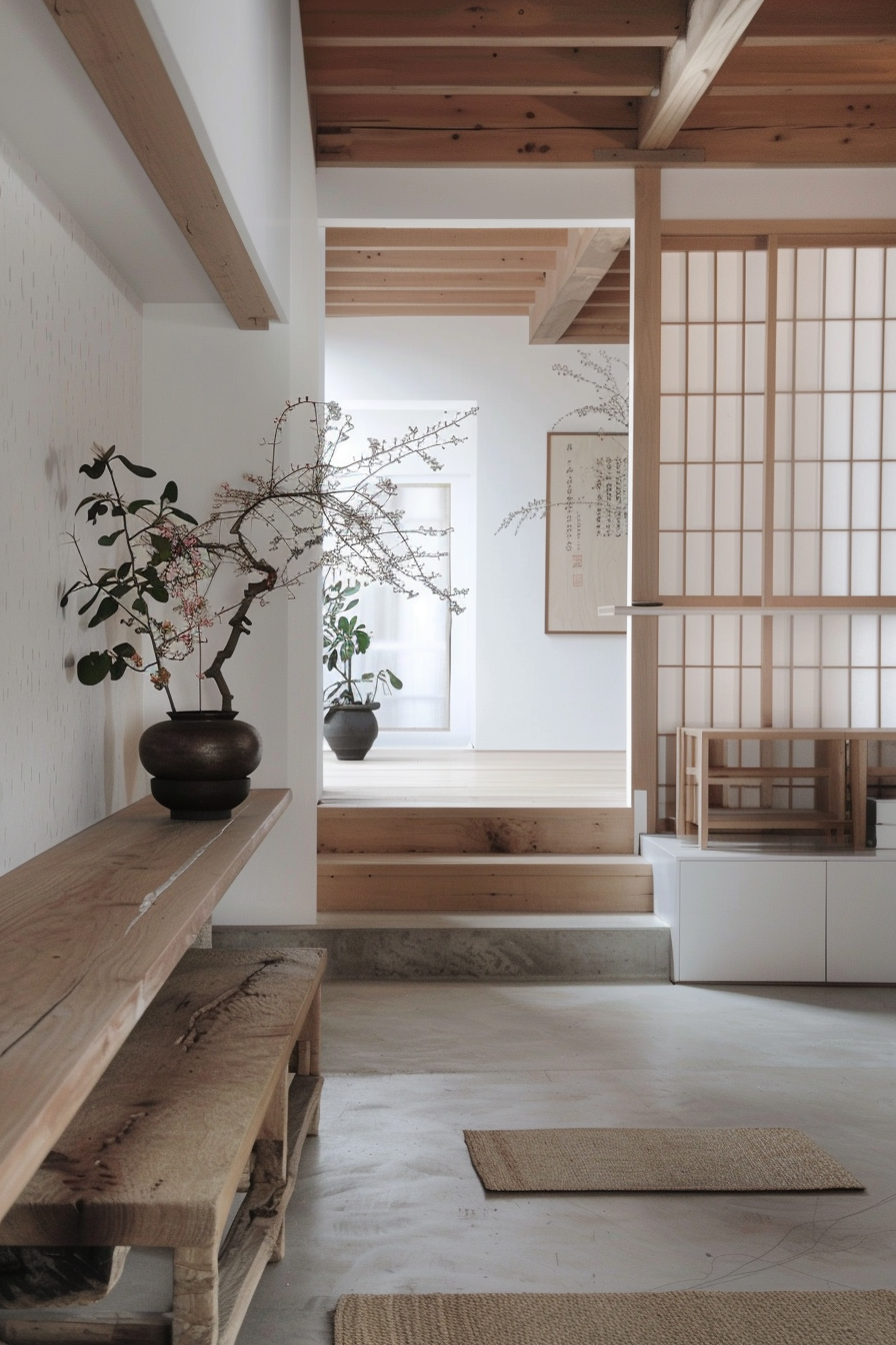 ALT: Serene interior of a traditional Japanese style home with wooden beams, tatami mats, shoji screens, and ikebana floral arrangement.