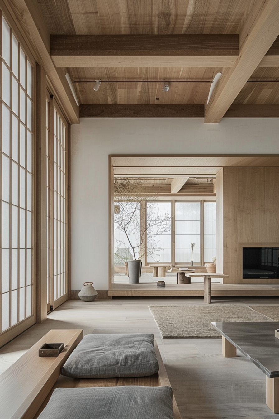 Minimalist Japanese-style living room with tatami mats, low wooden furniture, shoji screens, and a view of a tree outside.
