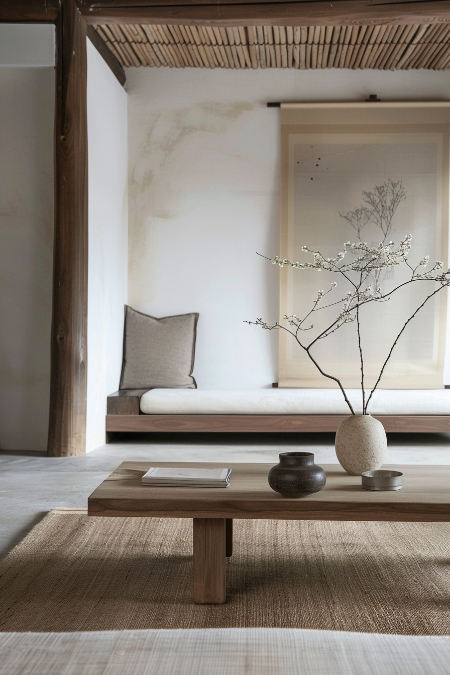 A minimalist living room with a wooden low table, flower vase, cushioned bench, and a framed artwork on the wall.