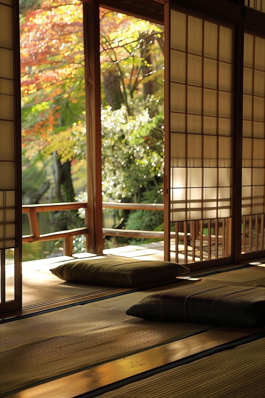 Traditional Japanese room with tatami mats and shoji screens, opening to a balcony with a view of autumn leaves.