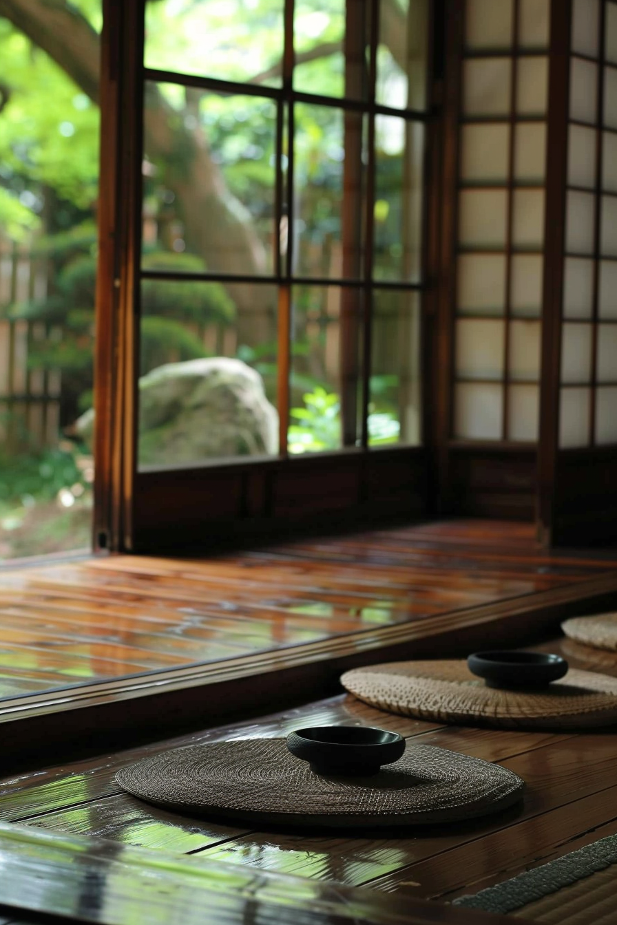 Traditional Japanese room with tatami mats, shoji screens, and a view of a garden.