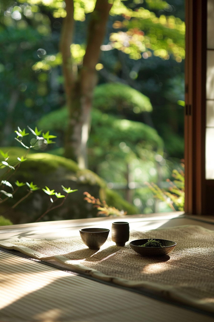 Tea cups and a bowl on a tatami mat near an open door leading to a lush garden, with soft sunlight filtering through.