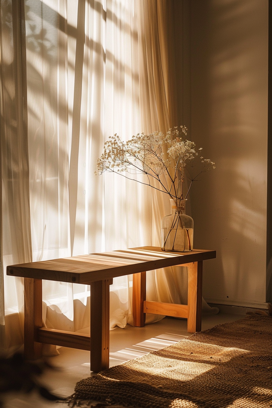 A cozy corner with warm sunlight casting shadows through sheer curtains onto a wooden bench with a vase of dried flowers.