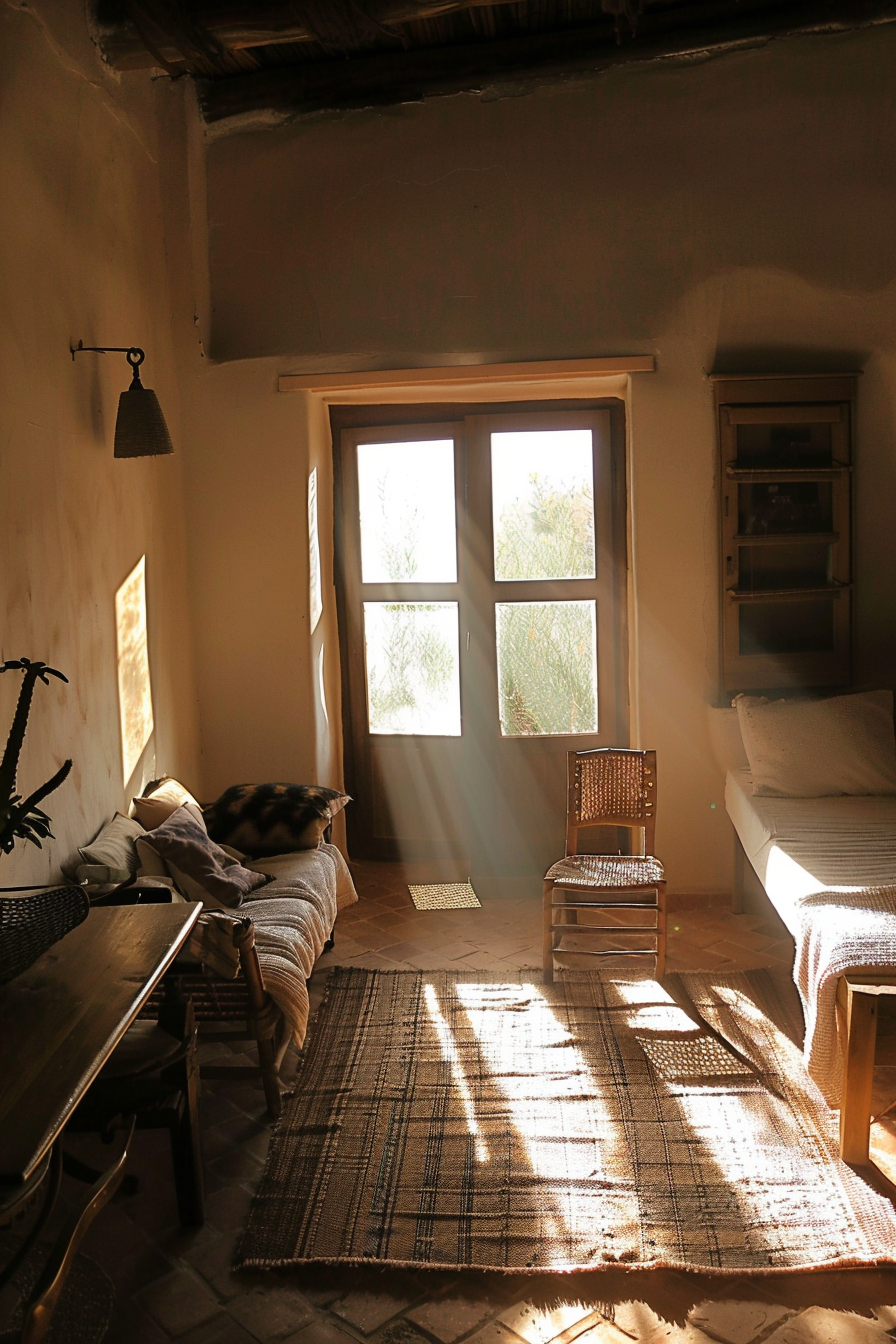 A cozy sunlit room with a rustic decor, including a bench, chair, rug, and bed, with light streaming through a window.